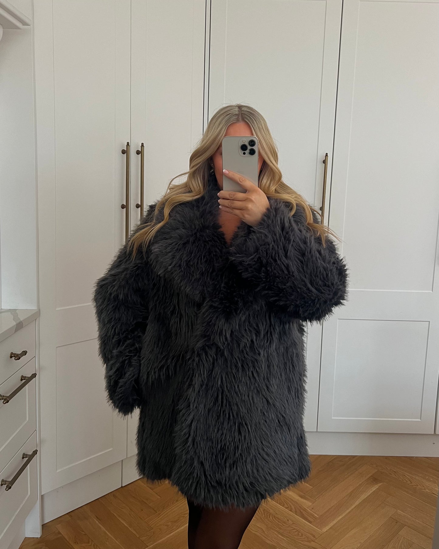 CHARCOAL GREY FAUX FUR COAT