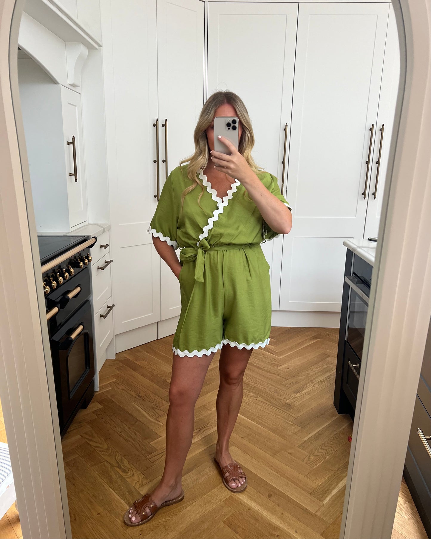 SCALLOPED HEM PLAYSUIT WITH WHITE TRIM - OLIVE GREEN