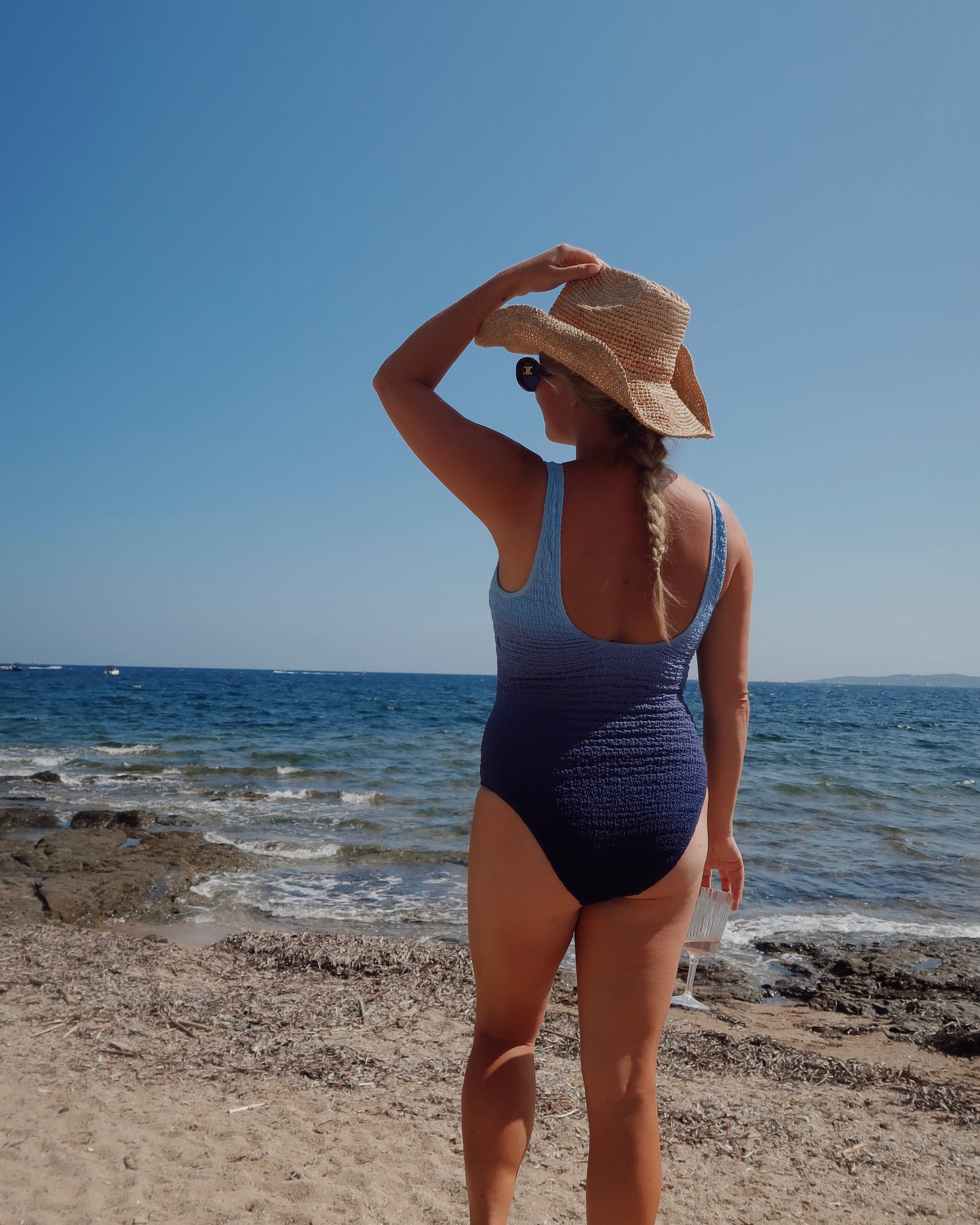 BLUE OMBRE CRINKLE SCOOP NECK SWIMSUIT